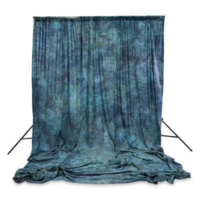 Savage Crushed Muslin Backdrop - Front view of 24 ft long Apex Blue Backdrop
