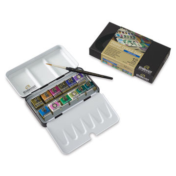 Rembrandt Watercolor Half Pan Set - 12 Granulating colors in open tin, with  sable brush and package
