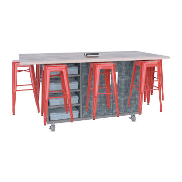 CEF Ed8 Work Table with Stools, 36"H table with red stools and Paint Scrape Steel finish.