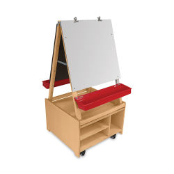 Mobile Art Center-left angle view showing storage areas in under cabinet, easel, and paint tray