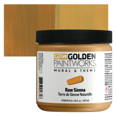 Golden Paintworks Mural and Theme Acrylic Paint - Raw Sienna, 16 oz, Jar with swatch