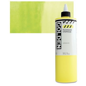 Open in modal - Golden High Flow Acrylic Paint - Fluorescent Chartreuse, 16 oz bottle and swatch