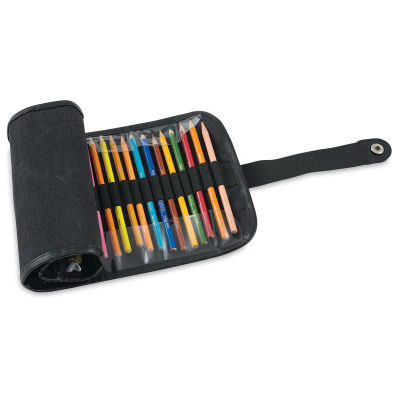 Global Roll Up Pencil Case - Case for 36, Black (Unrolled, Shown with sample pencils)