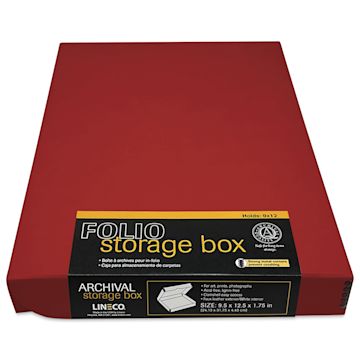 Open in modal - Lineco Folio Archival Storage Box - Red, Faux Leather, 9" x 12" with label