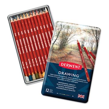 Open in modal - Derwent Drawing Pencils - Front view of Set of 12 package with lid open showing pencils in tray