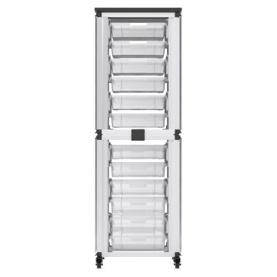 Modular Storage Cabinet, front view of the 2 stacked module with 12 small bins.