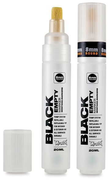 Open in modal - Montana Black Empty Markers - 2 Empty 8mm Round tip markers, one with cap removed