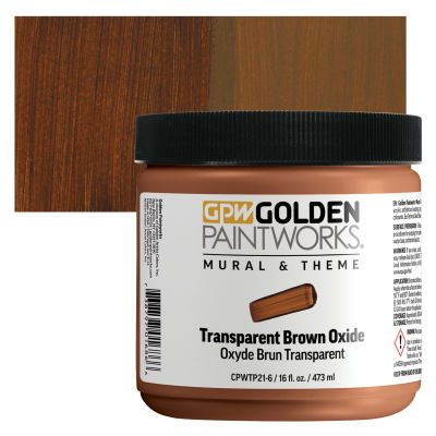 Golden Paintworks Mural and Theme Acrylic Paint - Transparent Brown Oxide, Jar and Swatch