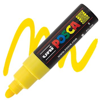 Open in modal - Uni Posca Paint Marker - Yellow, Broad Bullet Tip, 4.5-5.5 mm marker and swatch