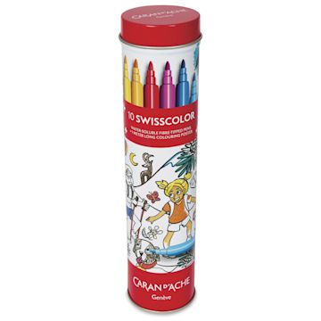 Open in modal - Caran d’Ache Swisscolor Aquarelle Markers - Assorted Colors, Set of 10 with Poster, front of tube