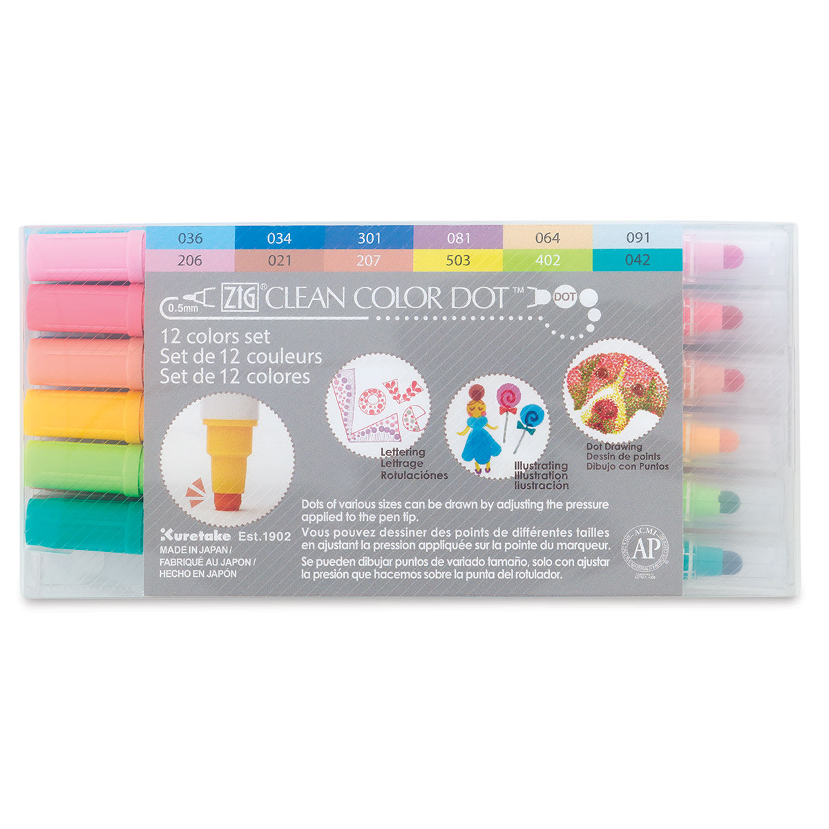 Kuretake ZIG Clean Color Dot Dual Tip Markers 12 Pkg Assorted Colors