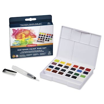 Open in modal - Derwent Inktense Paint Pans - Set of 24, Assorted Colors with package and included mini Waterbrush