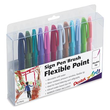 Open in modal - Pentel Arts Brush Tip Sign Pens - Angled view of package of Set of 12 Secondary Colors
