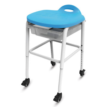 Adjustable-Height Stackable Classroom Stool with Wheels and Storage, side view.