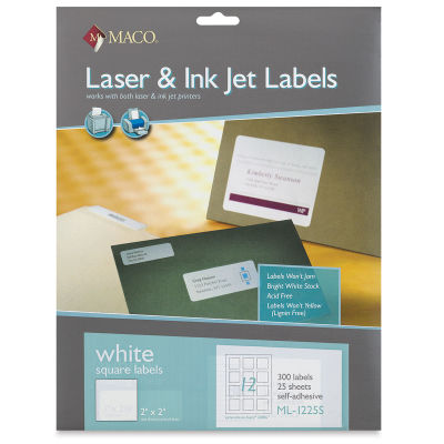 Maco Laser/Ink Jet White Multi-Purpose Labels - Front of package of 300 Square Labels
