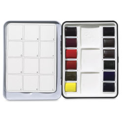QoR Modern Watercolors - Half Pan Set of 12. Mini Tin lid open with two rows of pans and palette.  