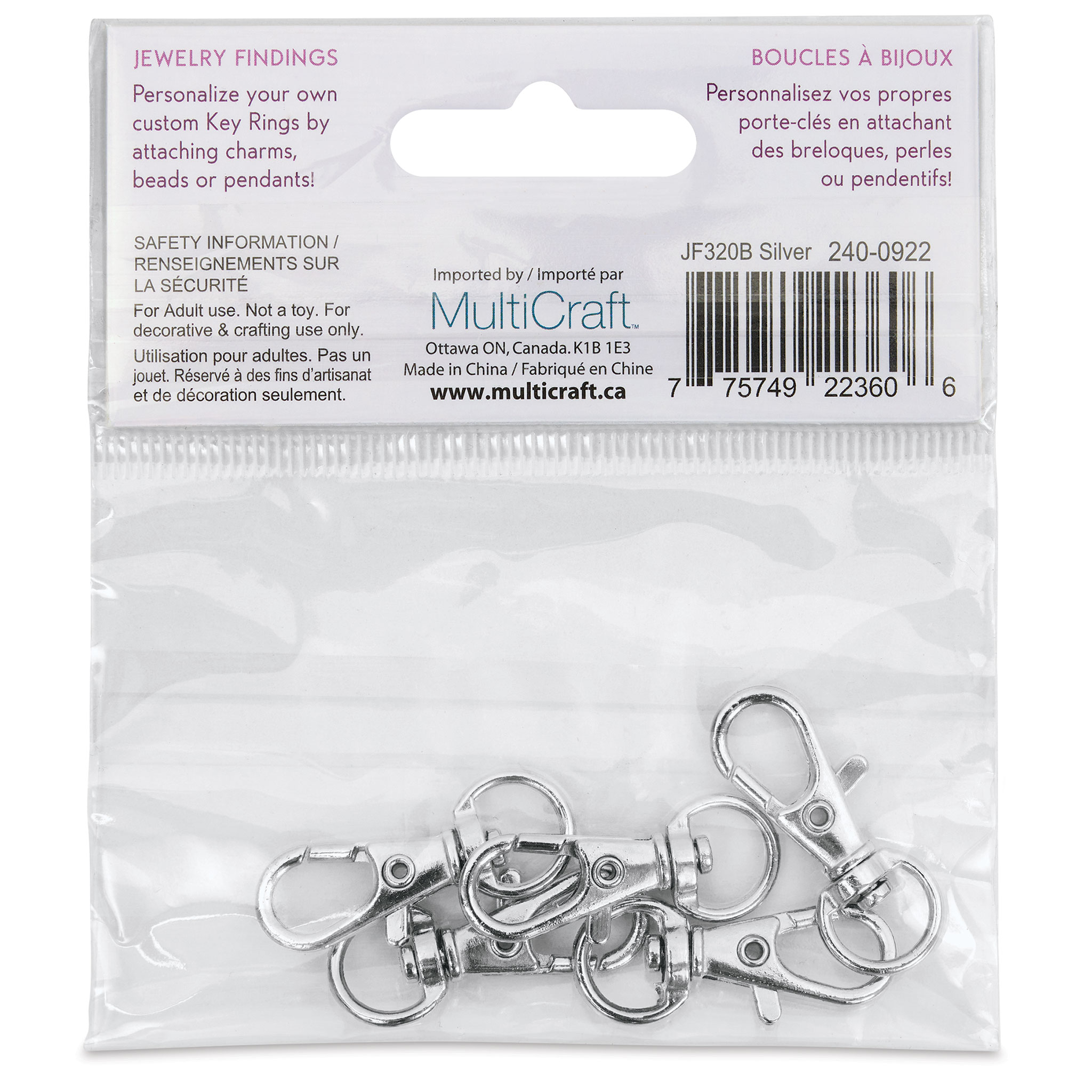 Craft Medley Key Ring Clips - Silver, 1.63, Pkg of 5