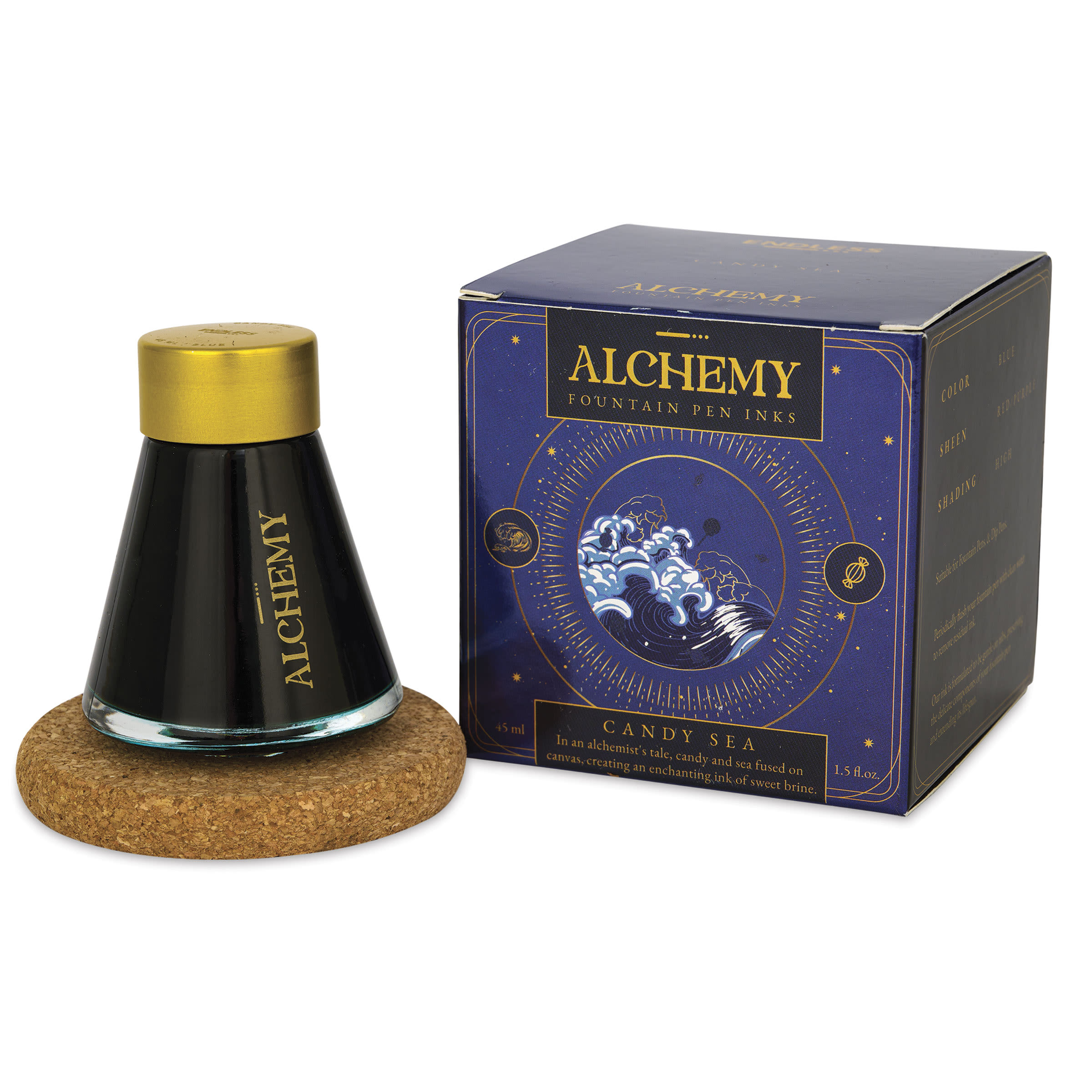Endless Alchemy Fountain Pen Ink - Candy Sea, jar next to packaging box