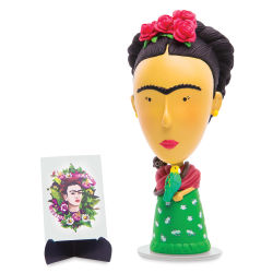 Art History Heroes Figurine - Frida Kahlo figurine standing next to her artwork