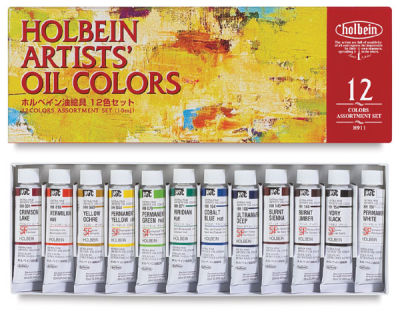 Holbein Artists' Oil Paint Sets - Set of 12 tubes in package storage tray with cover above