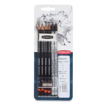 Derwent Fine Art Pencil Pack - Front of package showing component pencils, eraser and sharpener
