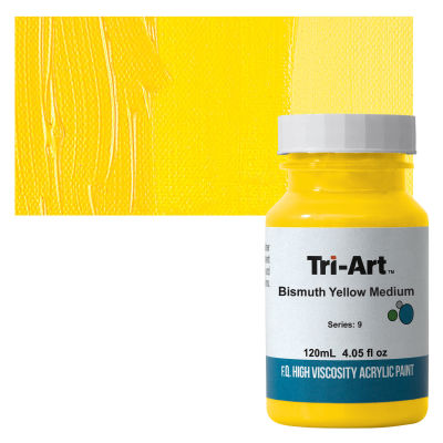Tri-Art High Viscosity Artist Acrylic - Bismuth Yellow Medium, 120 ml jar with swatch