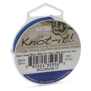 Chinese Knotting Cord - Slightly angled view of Neon Deep Blue Spool with label