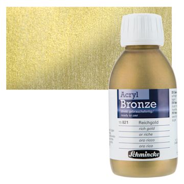 Open in modal - Schmincke Acrylic Bronze Paint - Rich Gold, 150 ml bottle and swatch