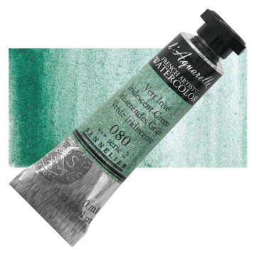 Sennelier French Artists' Watercolor - Iridescent Green, 10 ml Tube and Swatch