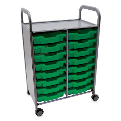 Gratnells Callero Storage Cart - Angled view of cart with 16 shallow green trays