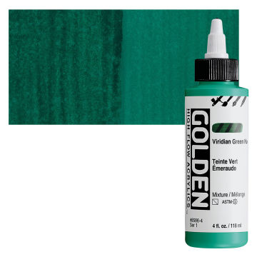 Golden High Flow Acrylics - Virdian Green Hue, 4 oz bottle with swatch