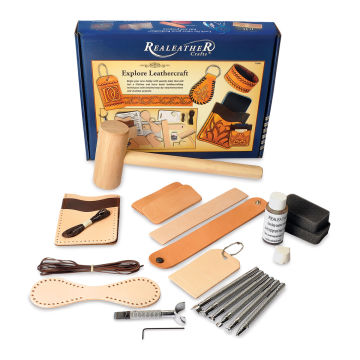 Realeather Explore Leathercraft Kit - Components of kit shown with package
