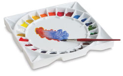 Stephen Quiller Porcelain Palette - Top view of palette in use loaded with paints and brush
