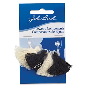 Open in modal - John Bead Poly Cotton Tassels - Front of blister package of 4 Black and Ivory Tassels