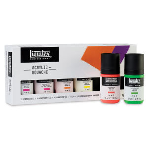 Liquitex Professional Acrylic Gouache - Fluorescents Set of 6. Box front, red/green jars in front.