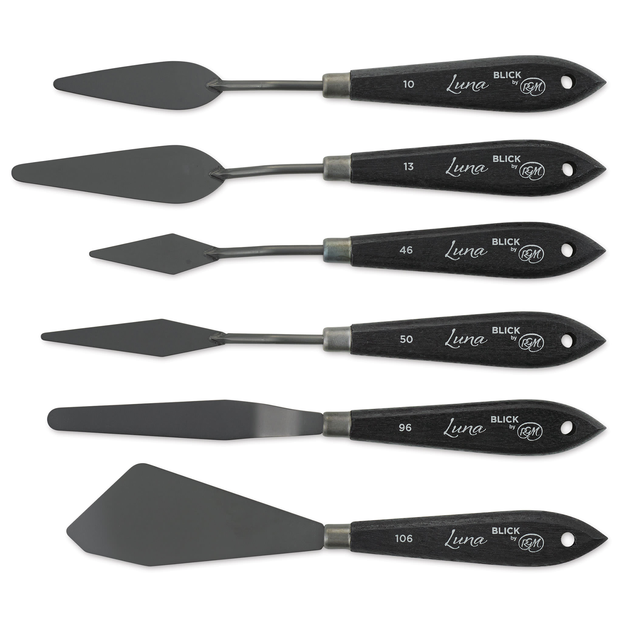 Blick Luna Palette Knife by RGM - Assorted, Set of 6, laid horizontally