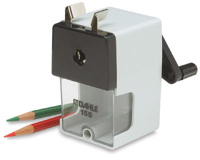 Dahle Professional Pencil Sharpener - Right angle view of sharpener with 2 pencils lying nearby 
