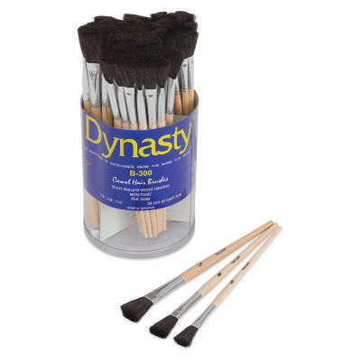 Dynasty Economy Camel Brushes - Canister of 72 Asst. of Flats shown with three sizes laying in front