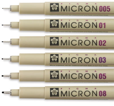 Sakura Pigma Micron Pens, six uncapped pens stacked in progressive point size order from 005 to 08. 