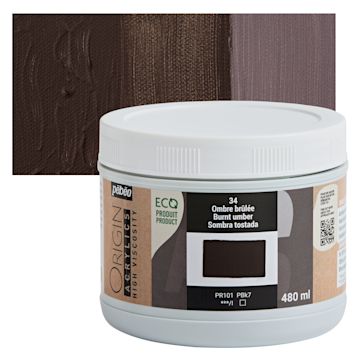 Open in modal - Pebeo Origin Acrylic Paint - Burnt Umber, 480 ml jar and swatch
