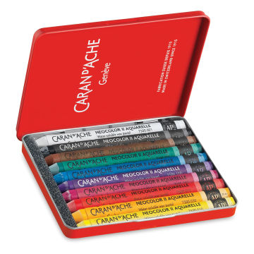 Open in modal - Caran d'Ache Neocolor II Aquarelle Artists' Pastel Set - Assorted Colors, Set of 10. Package open.