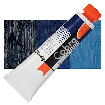 Open in modal - Royal Talens Cobra Study Water Mixable Oil Paint - Prussian Blue, 40 ml tube and swatch