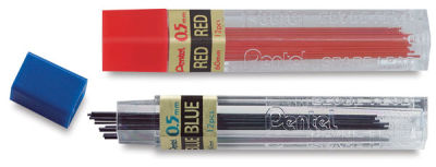 Pentel Hi-Polymer Colored Leads - Red and Blue tubes of lead shown with cap removed from blue