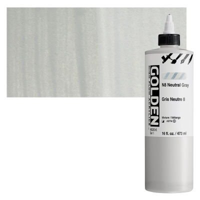 Golden High Flow Acrylics - Neutral Gray N8, 16 oz bottle with swatch