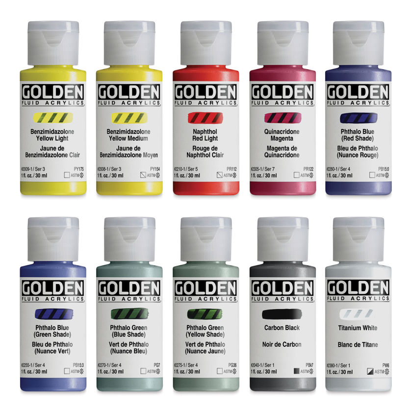 Golden Fluid Acrylics Mixing Colors, Set of 10, 30 ml BLICK Art