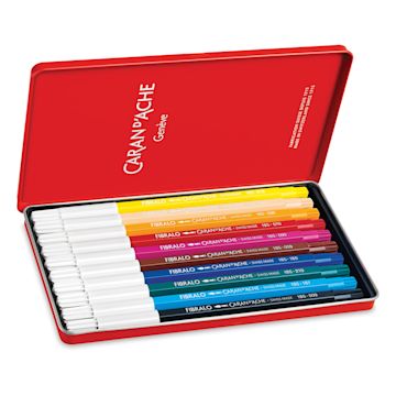 Open in modal - Caran d'Ache Fibralo Marker Sets - Components of package of 10 shown in open storage tin