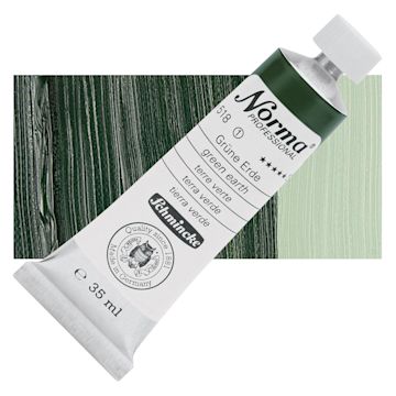 Open in modal - Schmincke Norma Professional Oil Paint - Green Earth, 35 ml, Tube and swatch