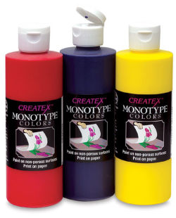 Createx Monotype Colors - Front of Red, Blue, and Yellow 8 oz bottles, one opened
