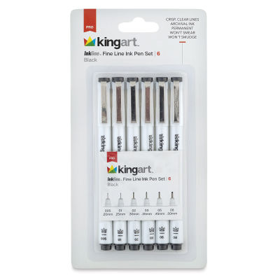 Kingart Inkline Artists Pen Sets - Front of package of set of 6 Black Fine Tip pens