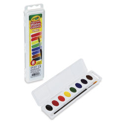 Crayola Educational Watercolor Pan Set - 8 Oval Colors.  Closed and lid-open views of set. 